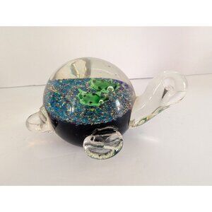 Handblown Glass Turtle Figurine With Green Fish Design & Glitter Accents